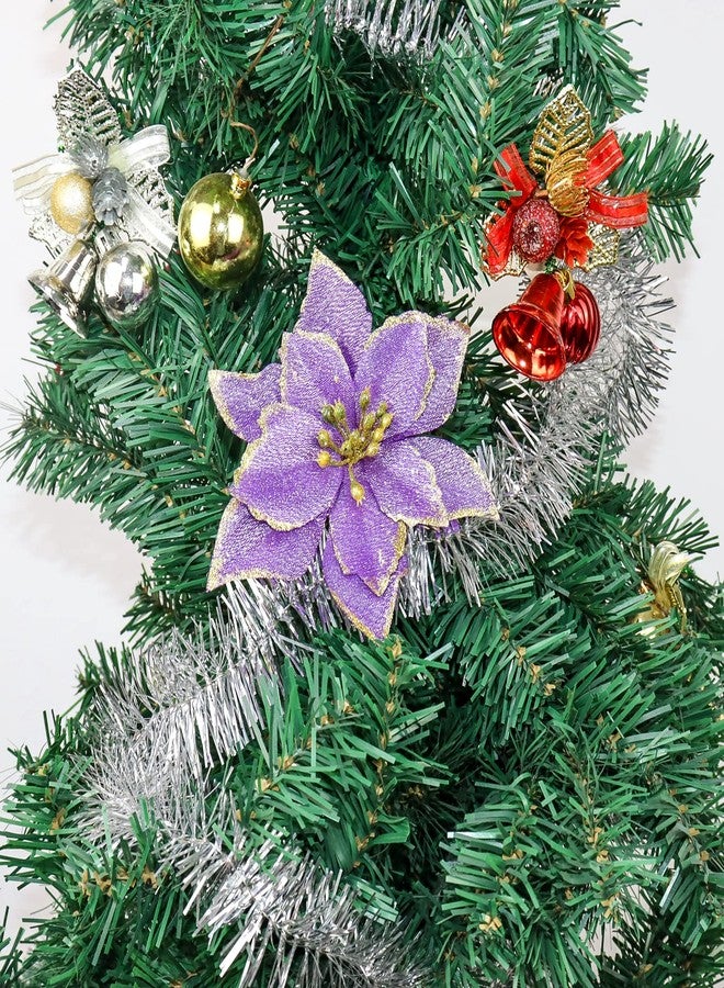 KEPATO Christmas Glitter Poinsettia Christmas Tree Ornaments Pack of 12 (Purple) - Image 4